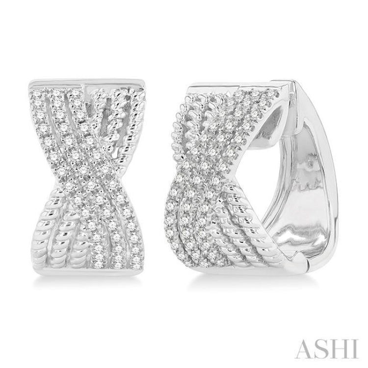 1/3 Ctw Petite Wide Criss Cross Rope and Round Cut Diamond Fashion Huggies in 14K White Gold