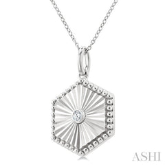 1/20 Ctw Hexagon fluted medallion Round Cut Diamond Pirouette Pendant With Chain in Sterling Silver