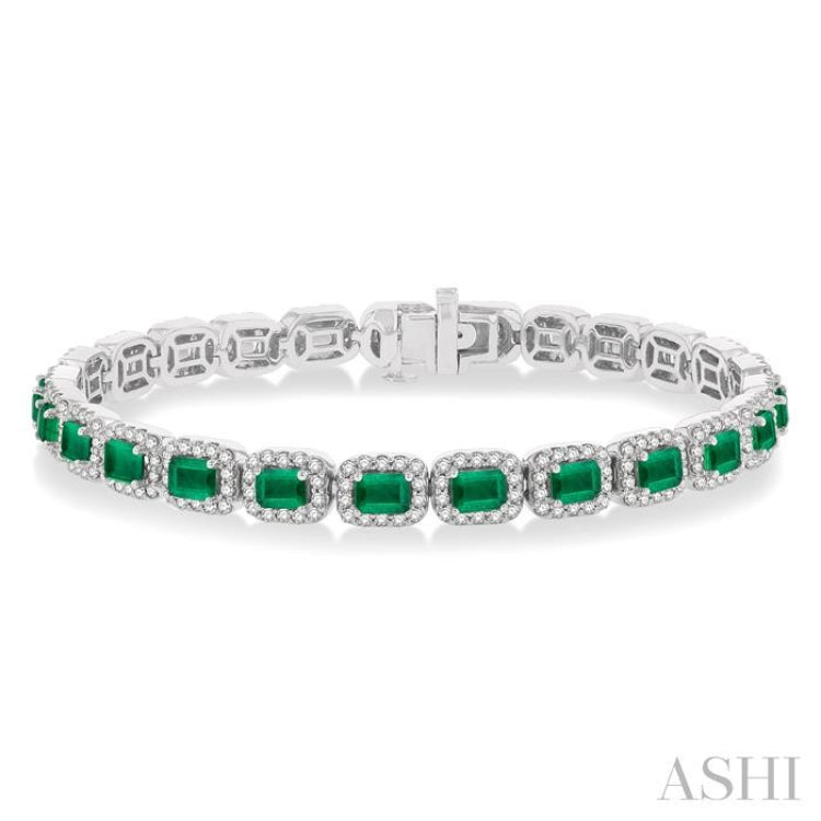 Emerald Shape Gemstone & Halo Diamond Tennis Bracelet