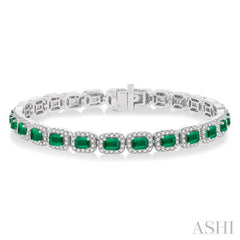 Emerald Shape Gemstone & Halo Diamond Tennis Bracelet