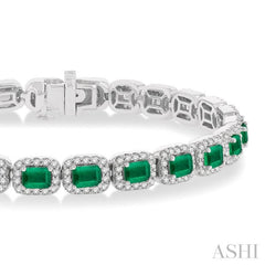 Emerald Shape Gemstone & Halo Diamond Tennis Bracelet