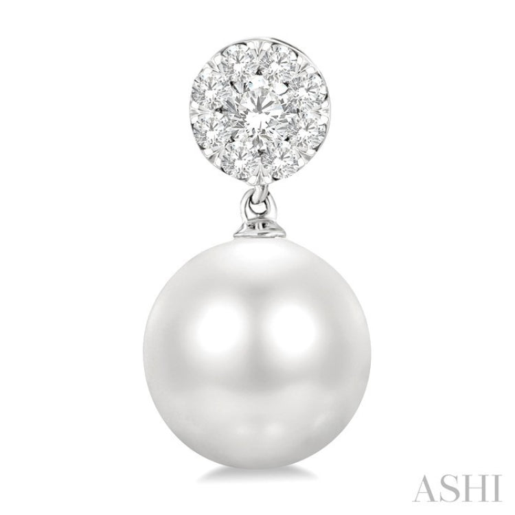 7 MM Cultured White Pearl and 1/4 Ctw Disc Top Lovebright Round Cut Diamond Fashion Earrings in 14K White Gold