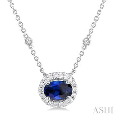 Oval Shape East-West Halo Gemstone & Diamond Necklace