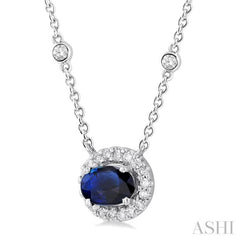 Oval Shape East-West Halo Gemstone & Diamond Necklace