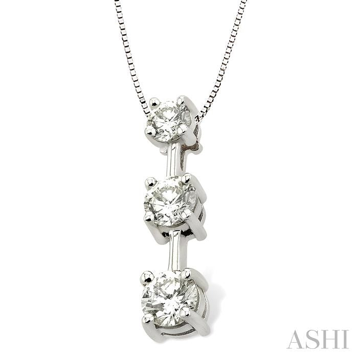 1 ctw Three Stone Round Cut Diamond Pendant in 14K White Gold with Chain