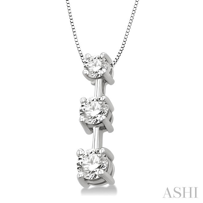 1 Ctw Three Stone Round Cut Diamond Pendant in 14K White Gold with Chain