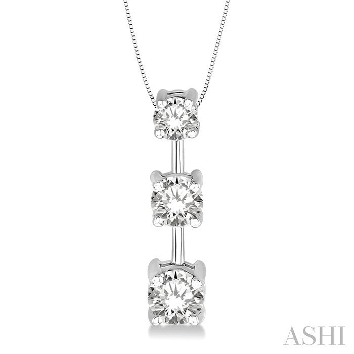 1 Ctw Three Stone Round Cut Diamond Pendant in 14K White Gold with Chain