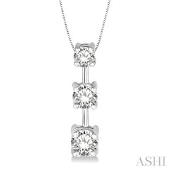 1 Ctw Three Stone Round Cut Diamond Pendant in 14K White Gold with Chain