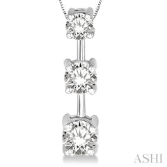 1 Ctw Three Stone Round Cut Diamond Pendant in 14K White Gold with Chain