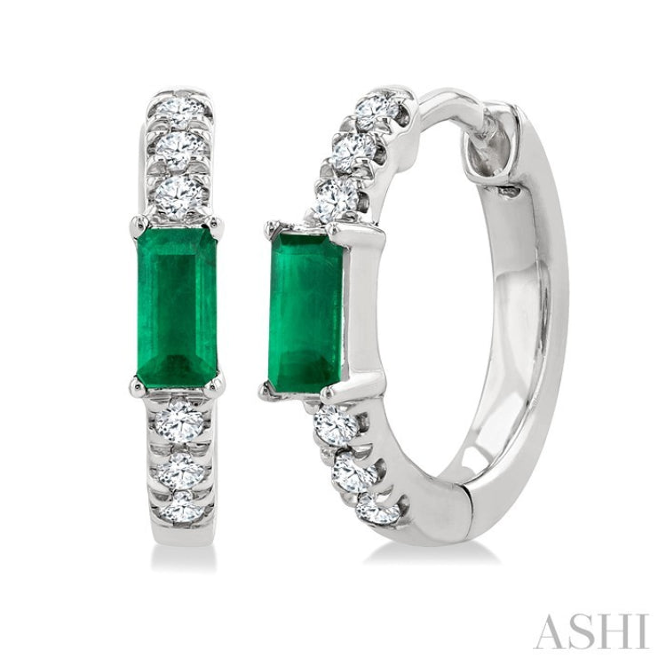 4X2 MM Baguette Cut Emerald and 1/8 Ctw Petite Round Cut Diamond Fashion Huggies in 10K White Gold