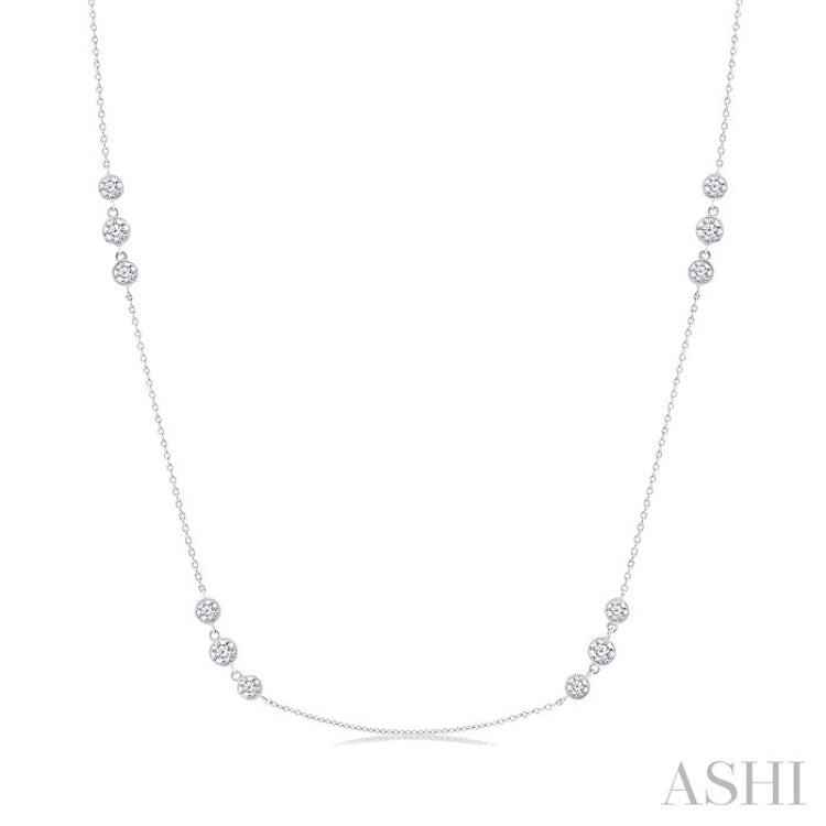 1 1/2 Ctw Three Stone Bezel Set Round Cut Diamond Station Necklace in 14K White Gold