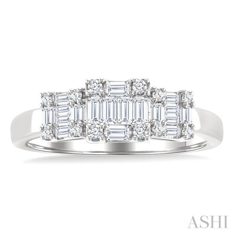 1/2 Ctw Past Present and Future Baguette and Round Cut Diamond Fusion Fashion Ring in 14K White Gold