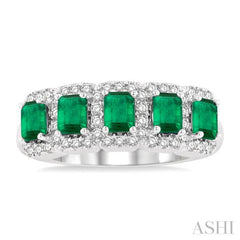 Emerald Shape 5 Gemstone & Halo Diamond Wedding Band