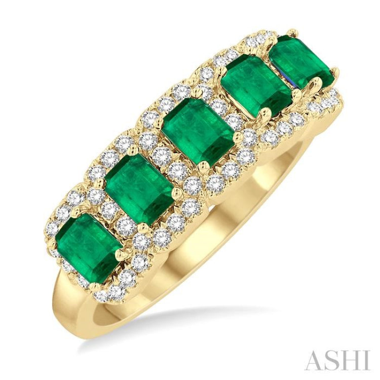 Emerald Shape 5 Gemstone & Halo Diamond Wedding Band