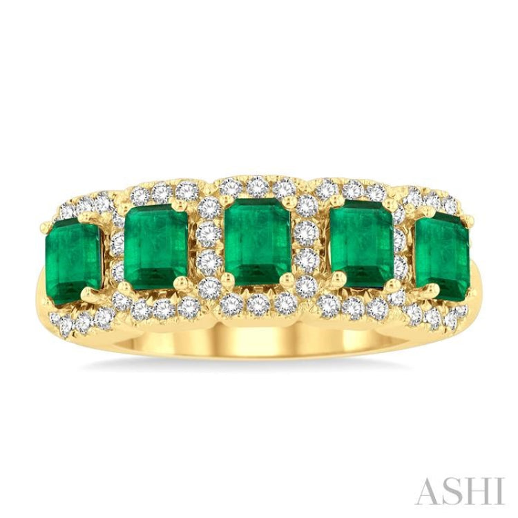 Emerald Shape 5 Gemstone & Halo Diamond Wedding Band