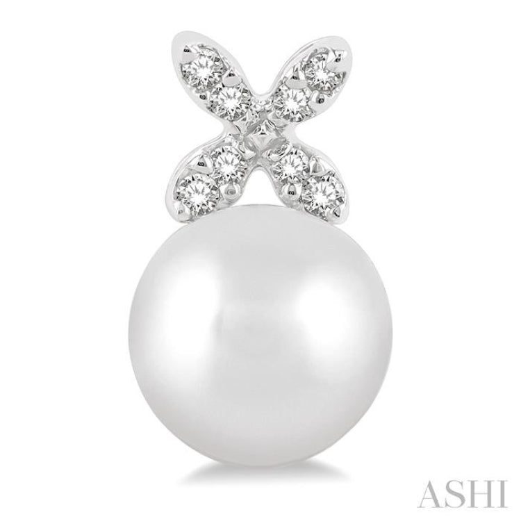 5.5 MM Round Shape Cultured Pearls and 1/20 Ctw Petite 4-Petal Flower Round Cut Diamond Fashion Stud Earrings in 10K White Gold