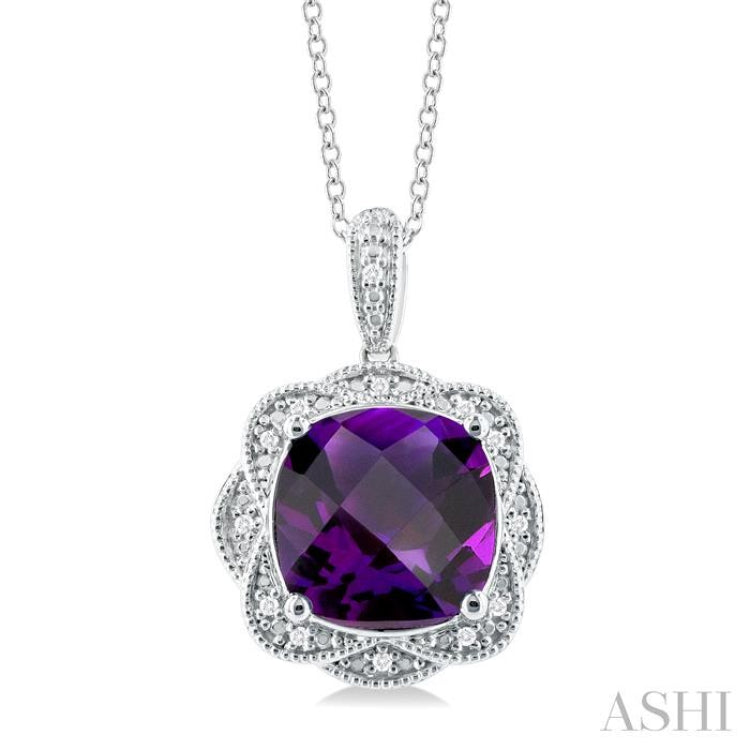 Silver Cushion Shape Gemstone & Diamond Pendant