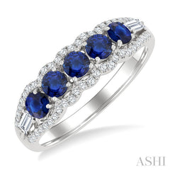 3.1 MM Round Sapphire and 1/4 Ctw Baguette and Round Cut Diamond 5-Stone Precious Ring in 14K White Gold