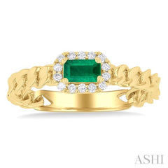 Emerald Shape Curb & Cuban East-West Gemstone & Halo Diamond Ring