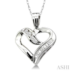 1/4 ctw Baguettes and Round Diamond Heart Pendant in 10K White Gold with Chain