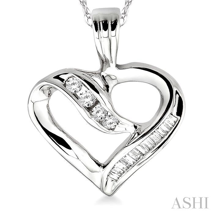 1/4 ctw Baguettes and Round Diamond Heart Pendant in 10K White Gold with Chain
