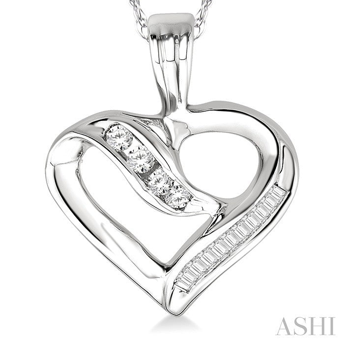 1/4 Ctw Baguettes and Round Diamond Heart Pendant in 10K White Gold with Chain