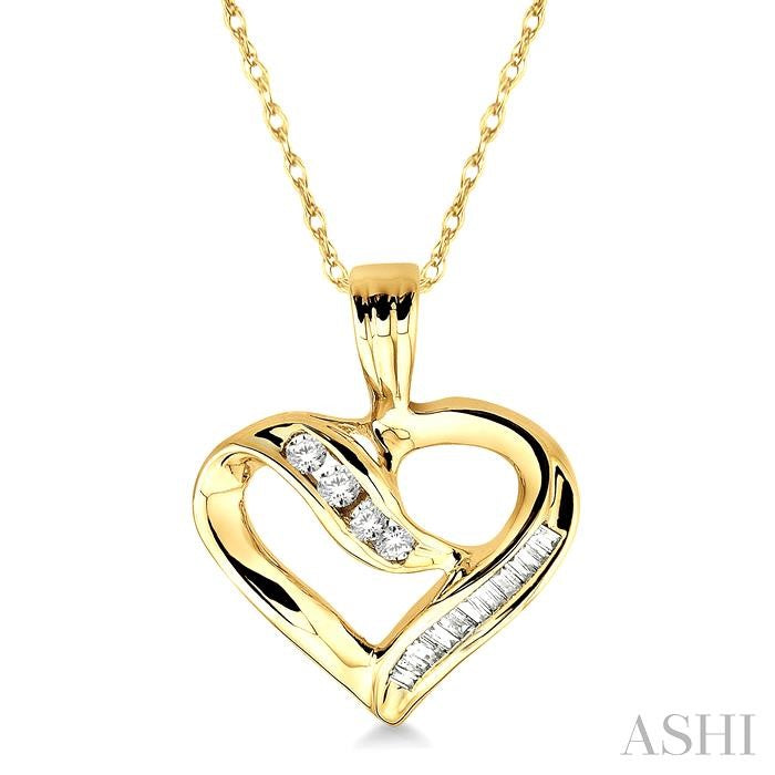 1/4 ctw Baguettes and Round Diamond Heart Pendant in 10K Yellow Gold with Chain