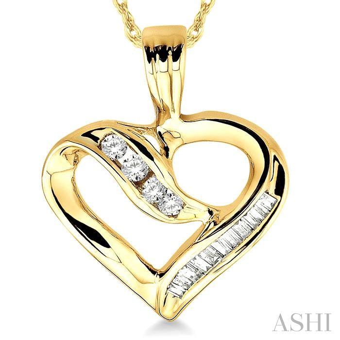 1/4 ctw Baguettes and Round Diamond Heart Pendant in 10K Yellow Gold with Chain