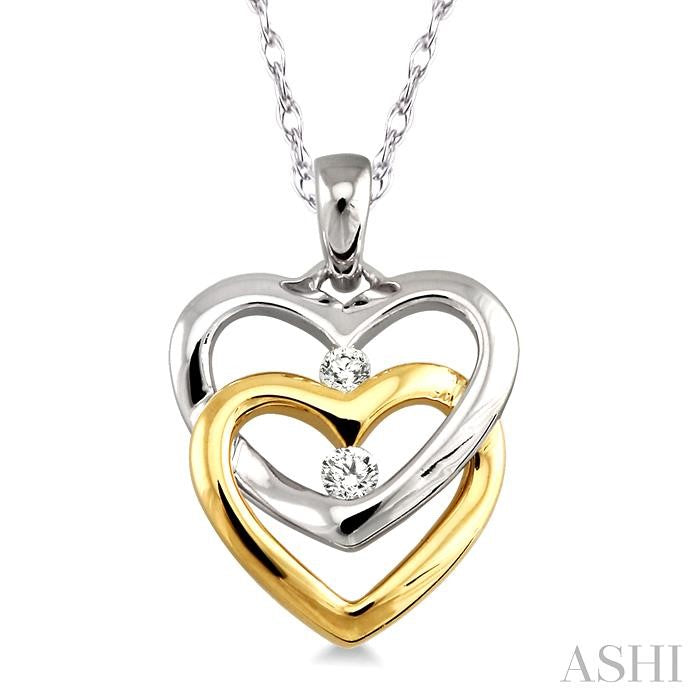 1/10 ctw Twins Heart Round Cut Diamond Pendant in 14K White and Yellow Gold with Chain