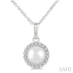 5 MM Cultured White Pearl and 1/20 Ctw Round Cut Diamond Halo Pendant With Chain in 10K White Gold