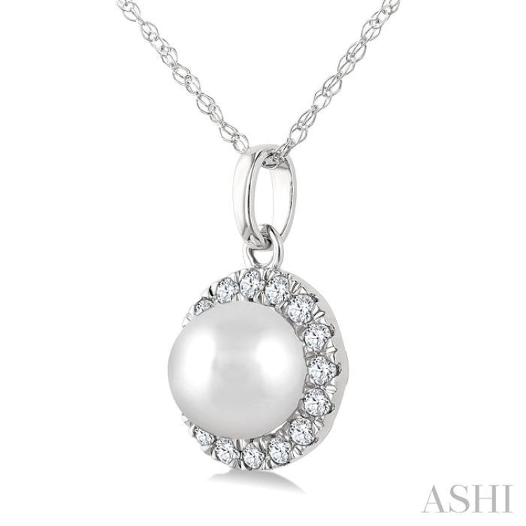 5 MM Cultured White Pearl and 1/20 Ctw Round Cut Diamond Halo Pendant With Chain in 10K White Gold