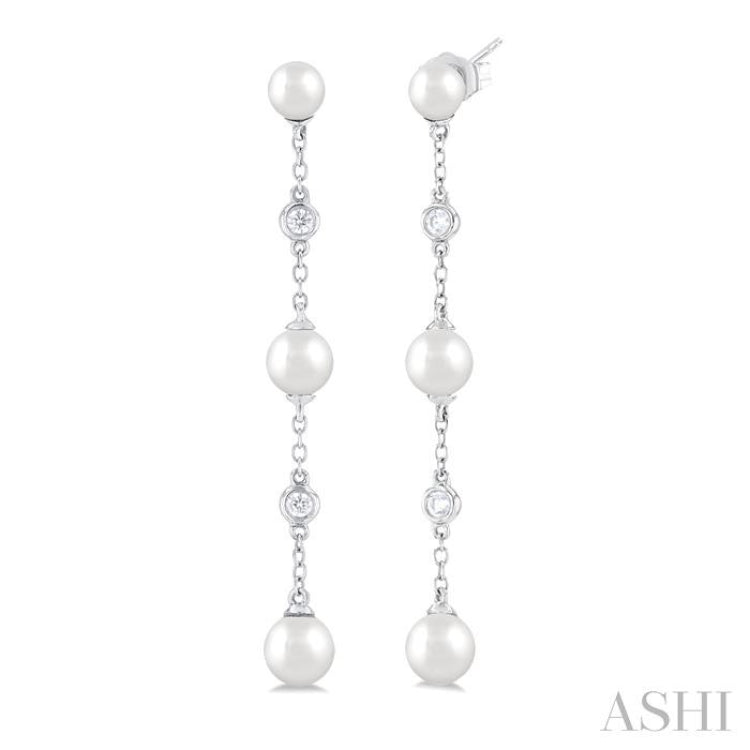 4 MM, 5 MM & 6 MM Round Shape Cultured Pearls and 1/10 Ctw Round Cut Diamond Station Long Earring in 14K White Gold