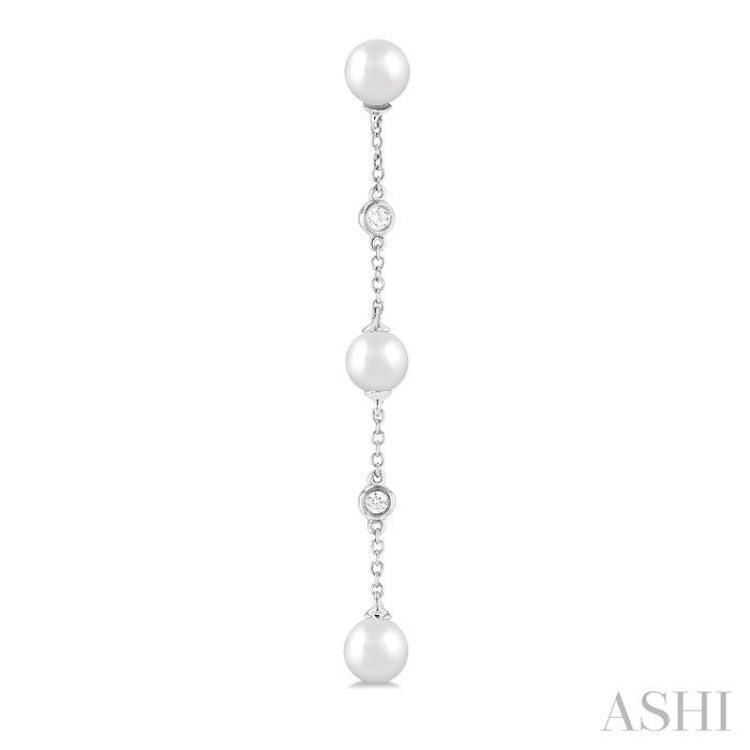 5 MM Round Shape Cultured Pearl and 1/10 Ctw Round Cut Diamond Station Long Earrings in 14K White Gold