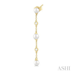 4 MM Round Shape Cultured Pearl and 1/20 Ctw Round Cut Diamond Station Long Earrings in 14K Yellow Gold