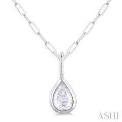 1/5 Ctw Pear Cut Bezel Set Diamond Fashion Pendant With Paperclip Chain in 14K White Gold