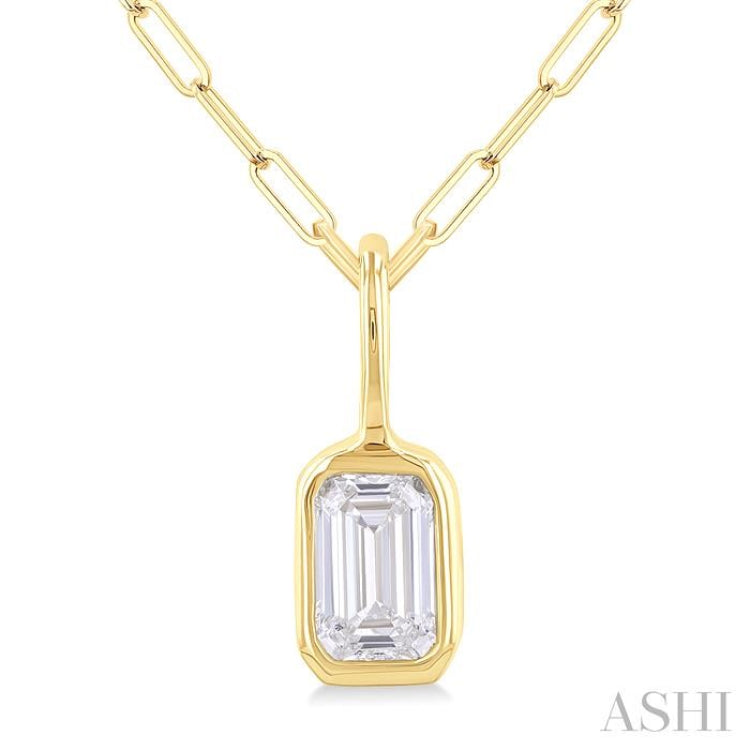 1/5 Ctw Emerald Cut Bezel Set Diamond Fashion Pendant With Paperclip Chain in 14K Yellow Gold