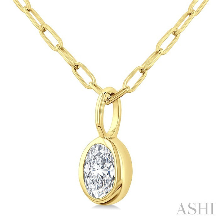 1/5 Ctw Oval Cut Bezel Set Diamond Fashion Pendant With Paperclip Chain in 14K Yellow Gold