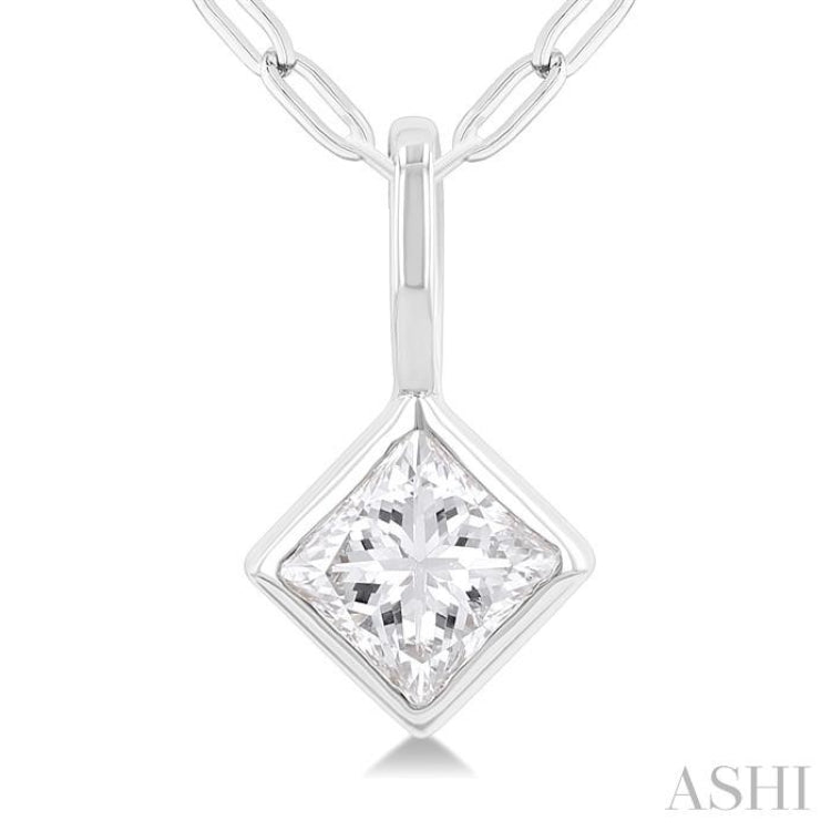 1/5 Ctw Princess Cut Bezel Set Diamond Fashion Pendant with Paperclip Chain in 14K White Gold