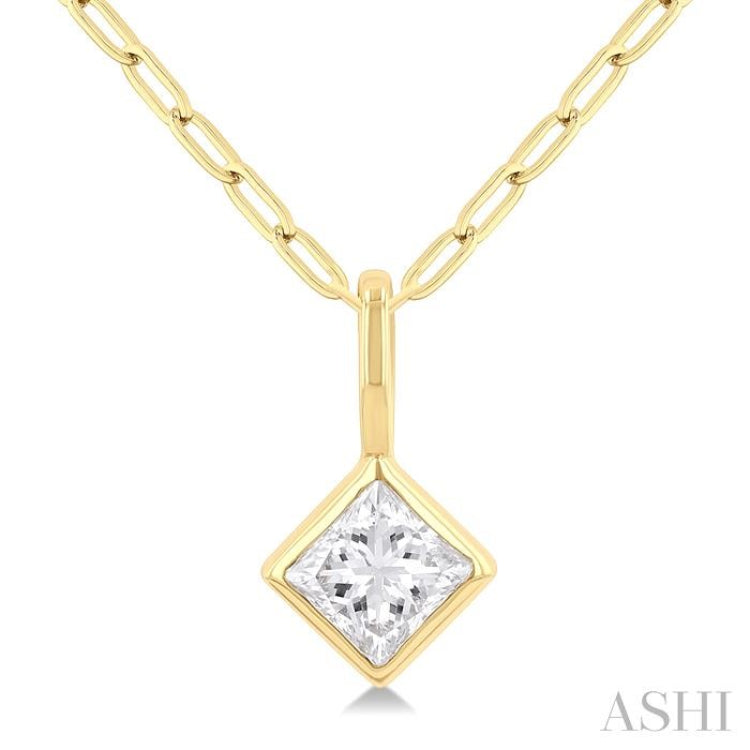 1/5 Ctw Princess Cut Bezel Set Diamond Fashion Pendant With Paperclip Chain in 14K Yellow Gold