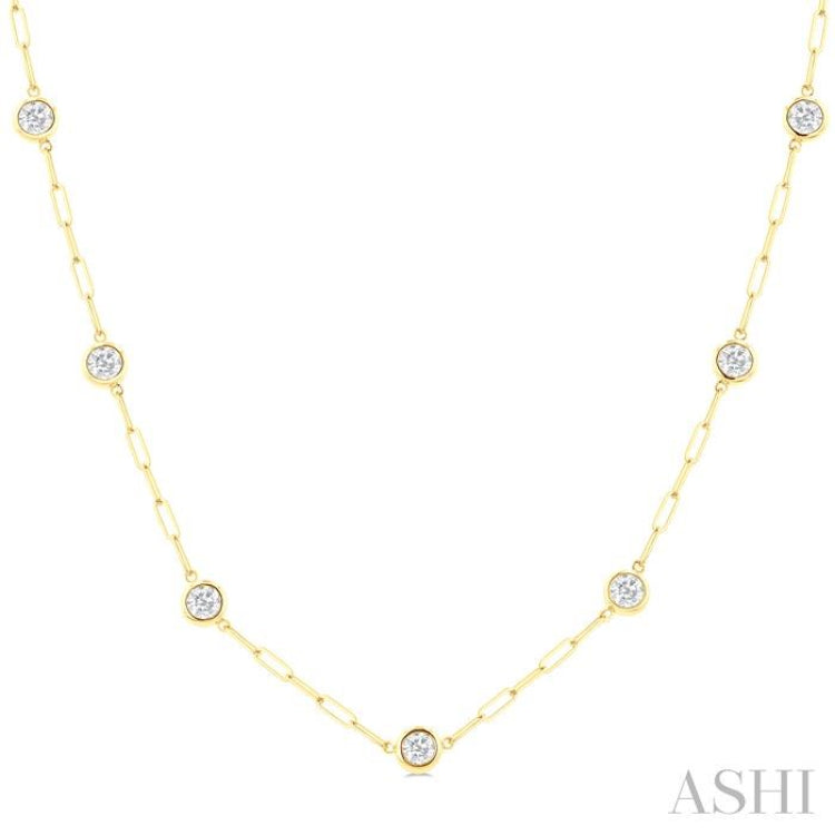 2 Ctw Bezel Set Round Cut Diamond Paperclip Station Necklace in 14K Yellow Gold
