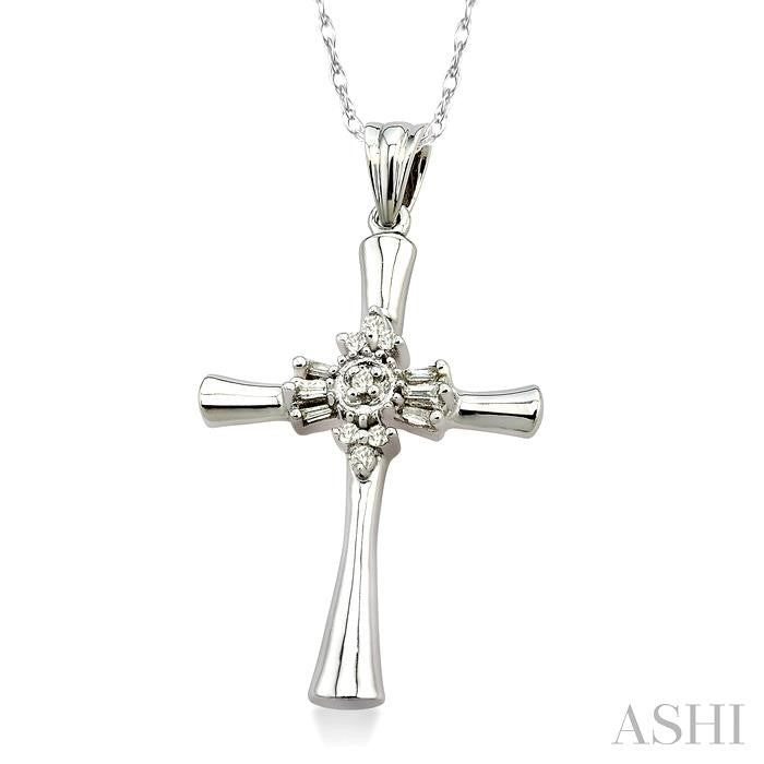 1/6 ctw Baguette and Round Cut Diamond Cross Pendant in 14K White Gold with Chain