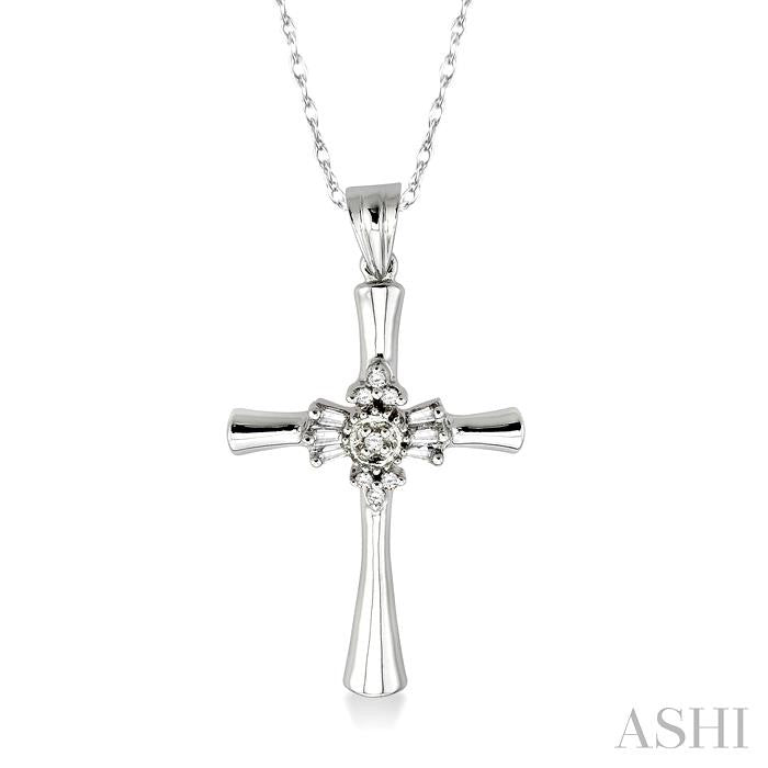 1/6 ctw Baguette and Round Cut Diamond Cross Pendant in 14K White Gold with Chain
