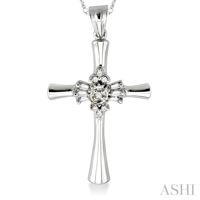 1/6 ctw Baguette and Round Cut Diamond Cross Pendant in 14K White Gold with Chain