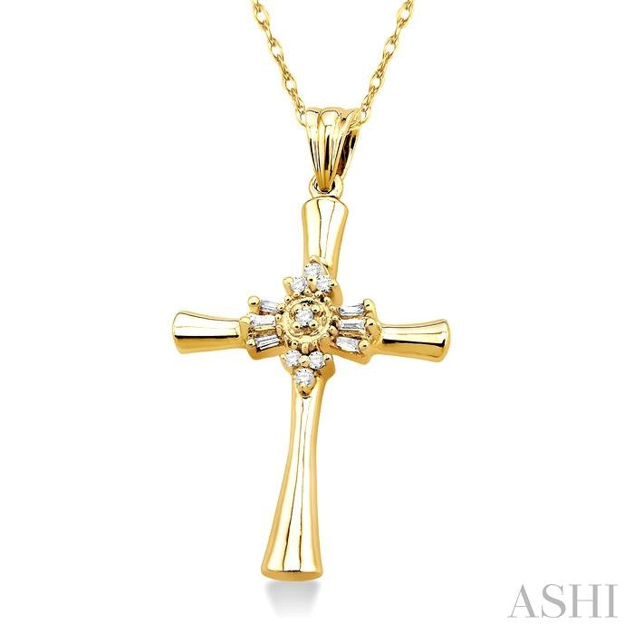 1/6 ctw Baguette and Round Cut Diamond Cross Pendant in 10K Yellow Gold with Chain