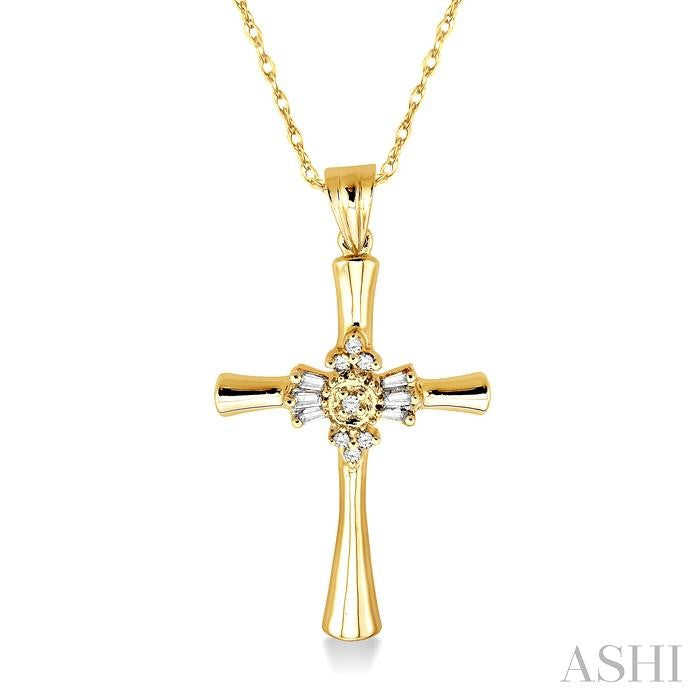 1/6 ctw Baguette and Round Cut Diamond Cross Pendant in 10K Yellow Gold with Chain