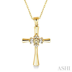 1/6 ctw Baguette and Round Cut Diamond Cross Pendant in 10K Yellow Gold with Chain