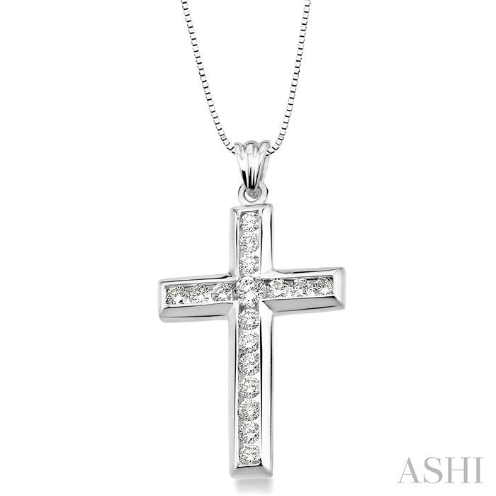 1 ctw Round Cut Diamond Cross Pendant in 14K White Gold with Chain