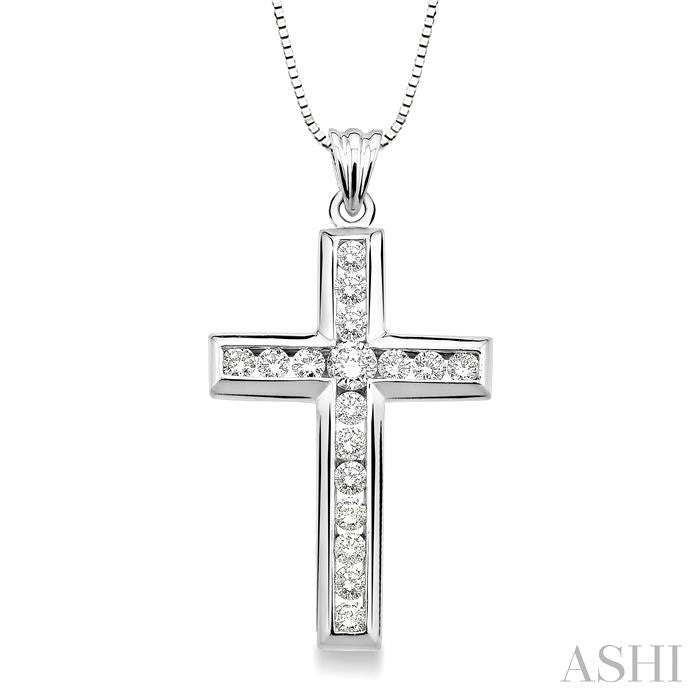 1 ctw Round Cut Diamond Cross Pendant in 14K White Gold with Chain