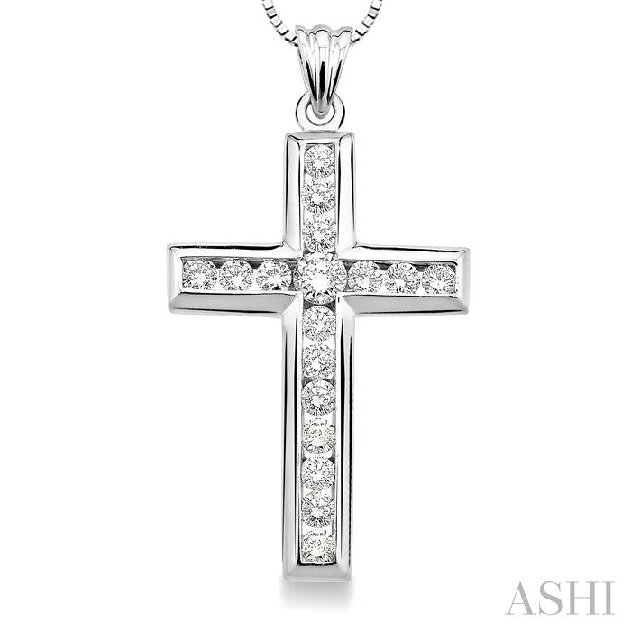 1 ctw Round Cut Diamond Cross Pendant in 14K White Gold with Chain