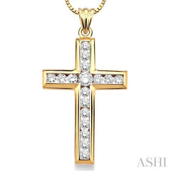 1 ctw Round Cut Diamond Cross Pendant in 14K Yellow Gold with Chain